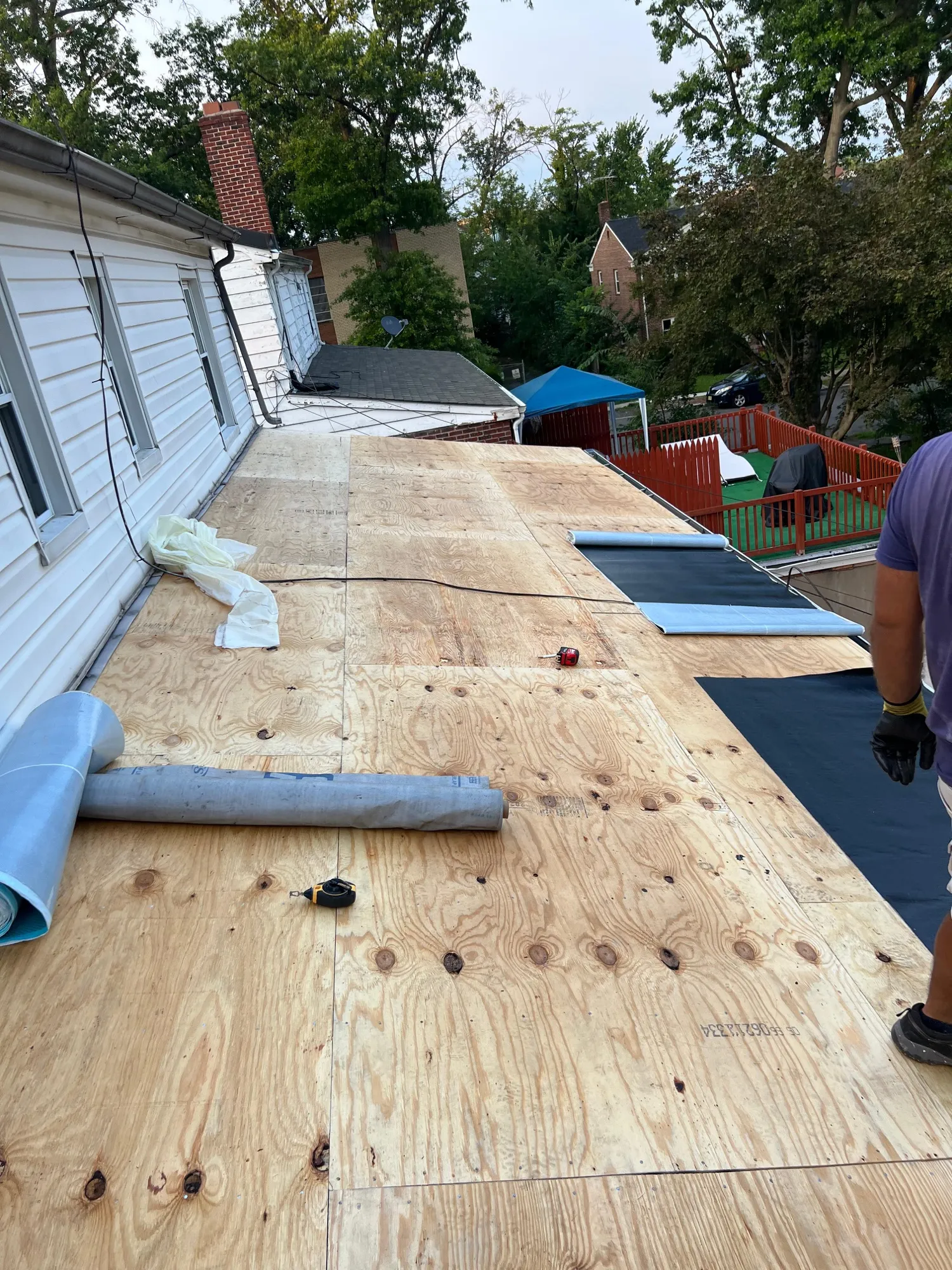 New plywood decking with synthetic underlayment